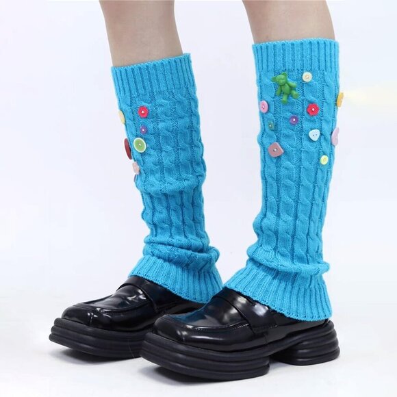 Girls Warm Knitted Leg Pants 80s Retro Harajuku Colorful Button Socks - Picture 7 of 7
